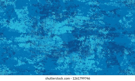 Halftone Grunge Dotted Rough Stripes Texture. Distressed Grungy Pattern Design. Splatter Style Texture. Blue Broken, Spotted Print Design Background.