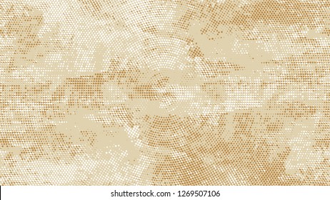 Halftone Grunge Dotted Rough Stripes Texture. Retro Spotted Pattern. Polka Dots Style Texture. Beige Monochrome Print Design Background.