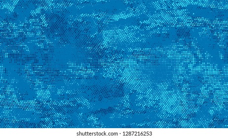 Halftone Grunge Dotted Rough Stripes Texture. Cartoon Retro Vector Pattern. Faded Dyed Style Texture. Blue Monochrome Print Design Pattern.