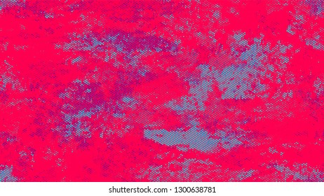 Halftone Grunge Dotted Rough Stripes Texture. Cartoon Vintage Pattern. Dirty Weathered Style Texture. Turquoise and Red Monochrome Print Design Background.