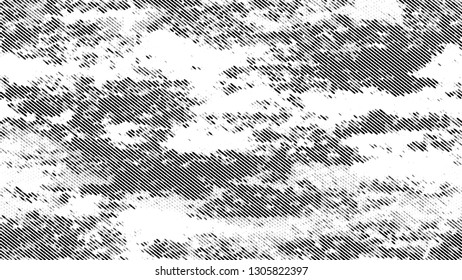 Halftone Grunge Dotted Rough Stripes Texture. Cartoon Vintage Pattern. Dirty Weathered Style Texture. Black and White Noise Fashion Print Design Background.