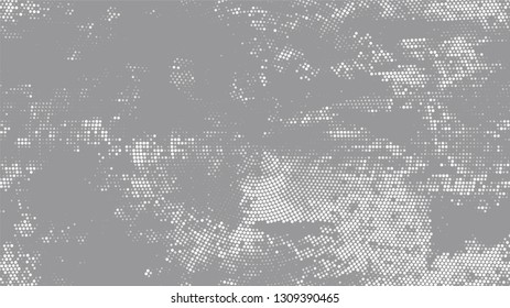 Halftone Grunge Dotted Rough Stripes Texture. Cartoon Retro Vector Pattern. Dirty Weathered Style Texture. White and Gray Broken, Spotted Print Design Background.