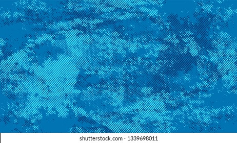 Halftone Grunge Dotted Rough Stripes Texture. Cartoon Vintage Pattern. Scatter Style Texture. Blue Noise Fashion Print Design Background.