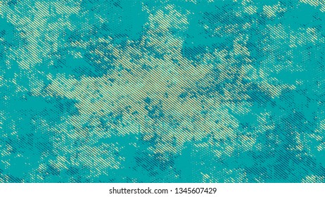 Halftone Grunge Dotted Rough Stripes Texture. Vintage Dirty Dotted Pattern. Scatter Style Texture. Turquoise and Beige Broken, Spotted Print Design Background.