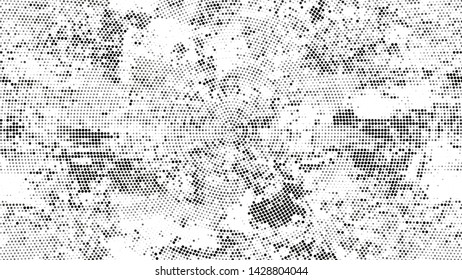 Halftone Grunge Dotted Rough Stripes Texture. Cartoon Vintage Pattern. Dirty Weathered Style Texture. Black and White Broken, Spotted Print Design Pattern.