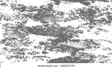Halftone Grunge Dotted Rough Stripes Texture. Cartoon Retro Vector Pattern. Faded Dyed Style Texture. Black and White Monochrome Print Design Pattern.