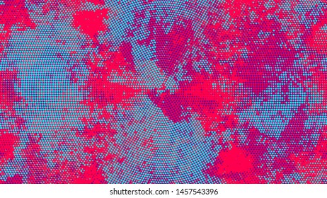 Halftone Grunge Dotted Rough Stripes Texture. Retro Spotted Pattern. Faded Dyed Style Texture. Turquoise and Red Monochrome Print Design Pattern.