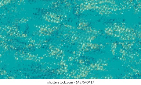 Halftone Grunge Dotted Rough Stripes Texture. Cartoon Vintage Pattern. Polka Dots Style Texture. Turquoise and Beige Broken, Spotted Print Design Pattern.