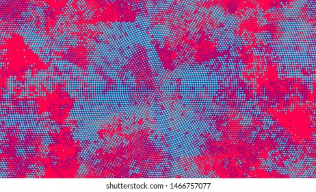 Halftone Grunge Dotted Rough Stripes Texture. Retro Spotted Pattern. Polka Dots Style Texture. Turquoise and Red Monochrome Print Design Background.