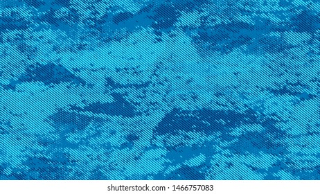 Halftone Grunge Dotted Rough Stripes Texture. Cartoon Retro Vector Pattern. Faded Dyed Style Texture. Blue Noise Fashion Print Design Pattern.