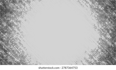 Halftone grunge frame. Distressed dotted border with comic raster noise, abstract worn edges and empty center background. Isolated on white background