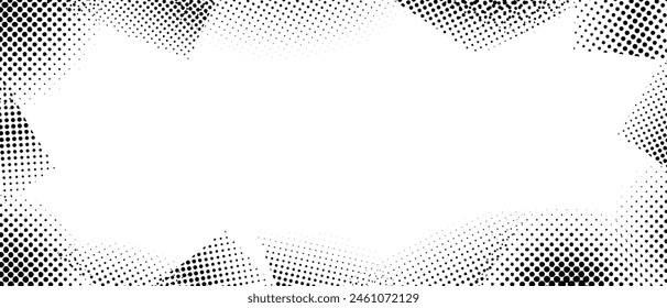 Halftone grunge frame. Retro dotted border overlay template for poster, cover, banner, booklet, brochure, magazine. Vintage grain scratched background. Textured pop art comic cartoon wallpaper. Vector