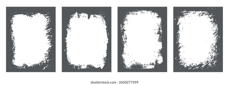 Halftone grunge frames set. Border templates with rough dots. Ink and paint decoration design. Retro texture poster mockup overlay. Vector illustration isolated on transparent background.