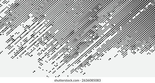 Halftone grunge gradient background. Faded noise grit texture. Black and white sand wallpaper. Retro pixel background. Anime or manga style comic overlay. Vector graphic design textured template