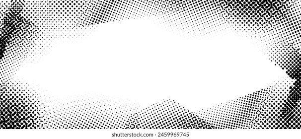 Halftone grunge grain frame. Retro dotted border overlay template for poster, cover, banner, booklet, brochure, magazine. Vintage scratched background. Textured pop art comic cartoon wallpaper. Vector
