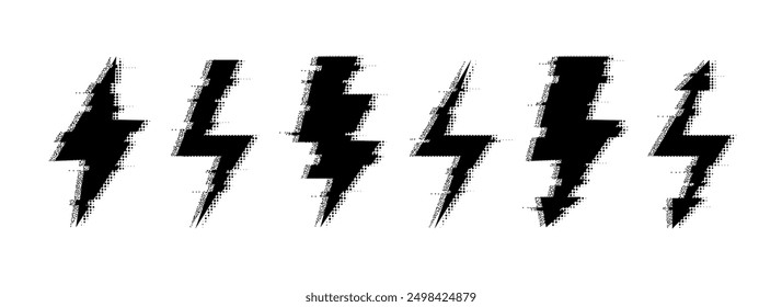 Halftone grunge lightning bolt collection. Dotted thunder bolt symbol set. Rough pixel flash thunderbolt element pack for poster, banner, graphic design. Textured grain arrow sign bundle. Vector