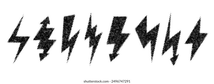 Halftone grunge lightning bolt set. Dotted thunder bolt symbol collection. Rough pixel flash thunderbolt element pack for poster, banner, graphic design. Textured strike arrow sign bundle. Vector