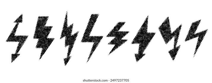 Halftone grunge lightning bolt set. Dotted thunder bolt symbol collection. Rough pixel flash thunderbolt element pack for poster, banner, graphic design. Textured grain arrow sign bundle. Vector