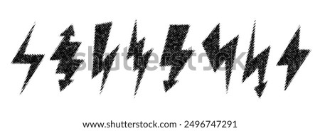 Halftone grunge lightning bolt set. Dotted thunder bolt symbol collection. Rough pixel flash thunderbolt element pack for poster, banner, graphic design. Textured strike arrow sign bundle. Vector