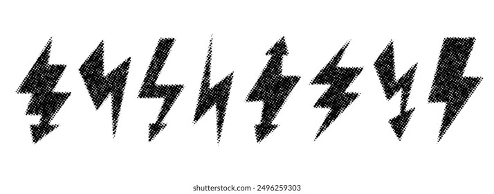 Halftone grunge lightning bolts set. Dotted thunder bolt symbol collection. Rough flash thunderbolt elements pack for poster, banner, graphic design, card. Textured strike arrow signs bundle. Vector