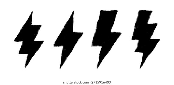 Halftone grunge lightning bolts set. black dotted flash thunderbolt. dotted thunder bolt symbol collection

