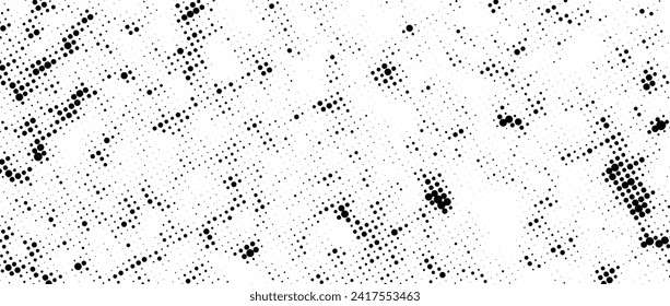 Halftone grunge noise texture. Dirt speckles, spots, dots background. Black white grit sand grain wallpaper. Retro pixelated textured comic backdrop. Vector abstract halftone gritty pop art cartoon