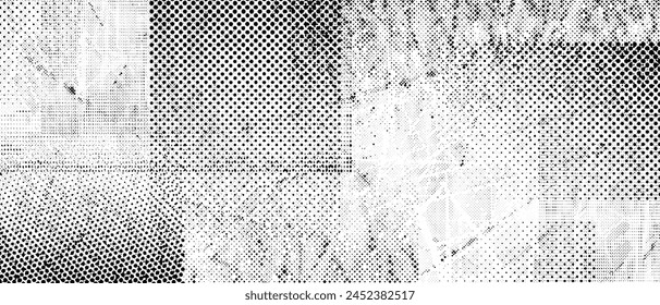 Halftone grunge punk texture. Abstract dotted glitch background. Distorted scratches, splashes and dots wallpaper for brochure, banner, poster, flyer, print, overlay. Distress vector backdrop