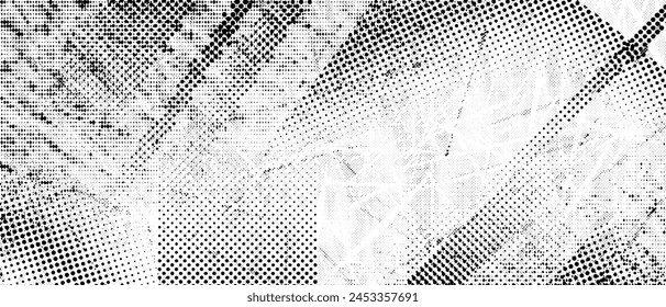 Halftone grunge punk texture. Distorted rough dirty scratch and splash background. Dotted glitch wallpaper for banner, poster, flyer, print, overlay. Distress scuffed vector textured backdrop