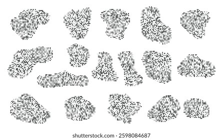 Halftone grunge spots, black abstract textured dots, isolated vector set.
