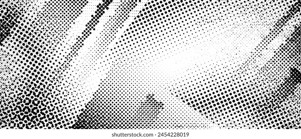 Halftone grunge texture. Distorted rough dirty scratch textured background. Dotted glitch punk wallpaper for banner, poster, flyer, print, overlay, magazine. Distress scuffed vector backdrop