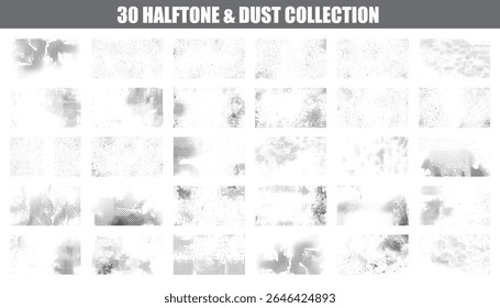 Pacote de textura grunge de meio-tom. Abstrato vintage sobreposições de ruído com dispersão de pontos e efeitos de poeira áspera. Fundo manchado angustiado definido.
