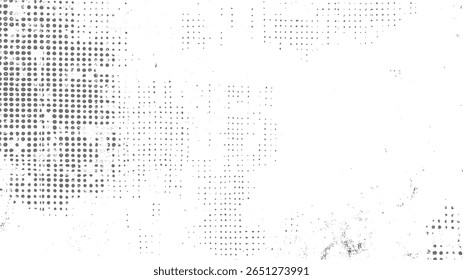Halftone grunge texture with vintage dotted effect. High-contrast noise overlay for retro background design and distressed graphic projects.
