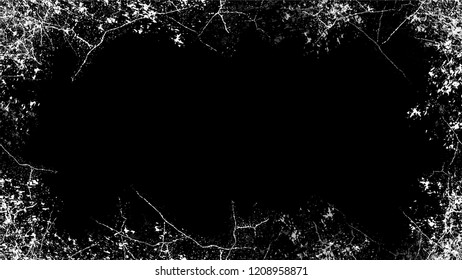 Halftone Grunge Vector Frame with Black and White Texture. Pop Art Scratched Border Design. Frame with Overlay Rust Metal Texture. Plaster, Ink Paint Art Design Element.