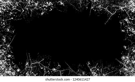 Halftone Grunge Vector Frame with Black and White Texture. Pop Art Scratched Border Design. Frame with Dirty Cracked Wall Texture. Plaster, Ink Paint Pop Art Design Background.