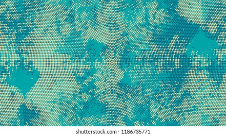 Halftone Grunge Vector Pop Art Texture. Vintage Dirty Dotted Pattern. Scatter Style Texture. Turquoise and Beige Noise Fashion Print Design Background.