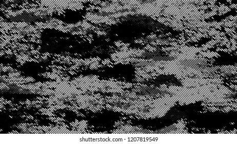 Halftone Grunge Vector Pop Art Texture. Distressed Grungy Pattern Design. Dirty Weathered Style Texture. Black and White Broken, Spotted Print Design Pattern.