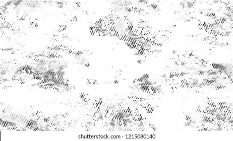 Halftone Grunge Vector Pop Art Texture. Distressed Grungy Pattern Design. Scatter Style Texture. Black and White Broken, Spotted Print Design Pattern.