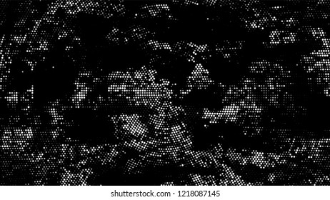 Halftone Grunge Vector Pop Art Texture. Cartoon Cracked Noisy Surface Pattern Design. Polka Dots Style Texture. Black and White Noise Fashion Print Design Background.