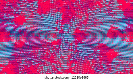 Halftone Grunge Vector Pop Art Texture. Cartoon Vintage Pattern. Faded Dyed Style Texture. Turquoise and Red Noise Fashion Print Design Pattern.