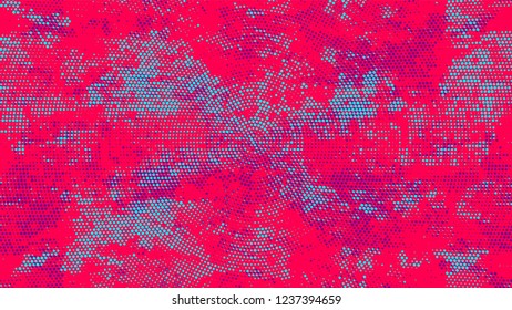 Halftone Grunge Vector Pop Art Texture. Cartoon Retro Vector Pattern. Polka Dots Style Texture. Turquoise and Red Broken, Spotted Print Design Pattern.