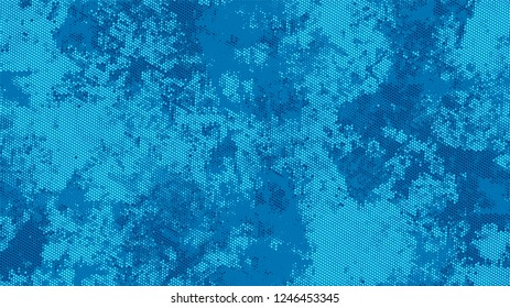 Halftone Grunge Vector Pop Art Texture. Cartoon Cracked Noisy Surface Pattern Design. Dirty Weathered Style Texture. Blue Broken, Spotted Print Design Pattern.