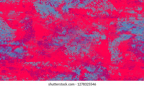 Halftone Grunge Vector Pop Art Texture. Rough Grungy Pattern Design. Overlay Grainy Style Texture. Turquoise and Red Broken, Spotted Print Design Background.
