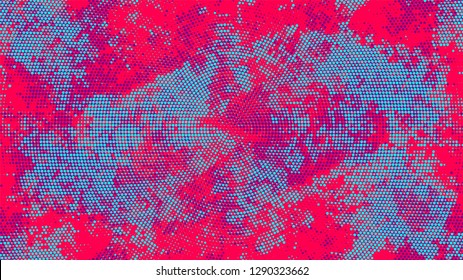 Halftone Grunge Vector Pop Art Texture. Distressed Grungy Pattern Design. Polka Dots Style Texture. Turquoise and Red Broken, Spotted Print Design Background.