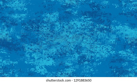 Halftone Grunge Vector Pop Art Texture. Cartoon Cracked Noisy Surface Pattern Design. Polka Dots Style Texture. Blue Monochrome Print Design Pattern.