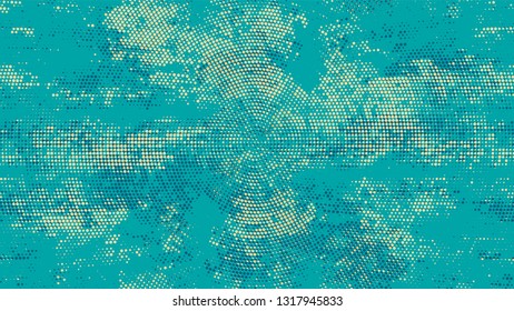 Halftone Grunge Vector Pop Art Texture. Cartoon Vintage Pattern. Scatter Style Texture. Turquoise and Beige Monochrome Print Design Background.