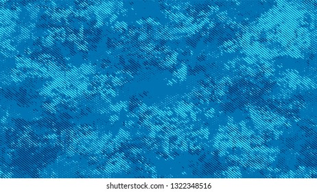 Halftone Grunge Vector Pop Art Texture. Cartoon Cracked Noisy Surface Pattern Design. Splatter Style Texture. Blue Noise Fashion Print Design Pattern.