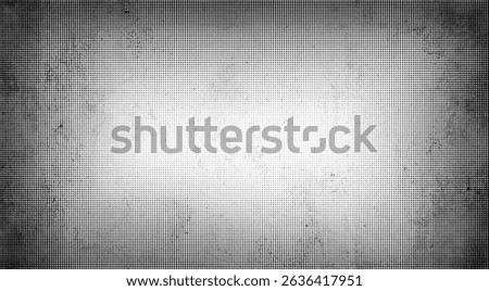 Halftone grunge vignette vector background with dense small dots forming dark edges and bright center. High-detail textured border.