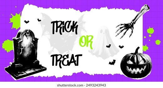 Halftone Halloween colla, cut paper, candy or gross. Trending 