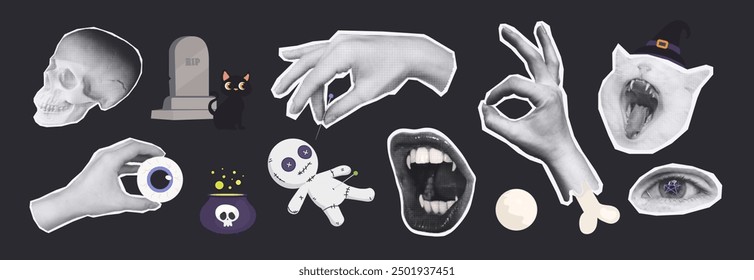 Halftone Halloween Collage with Spooky Elements on Dark Background