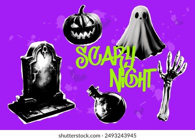 Halftone Halloween elements collage set, cut paper, spooky night. Trending 